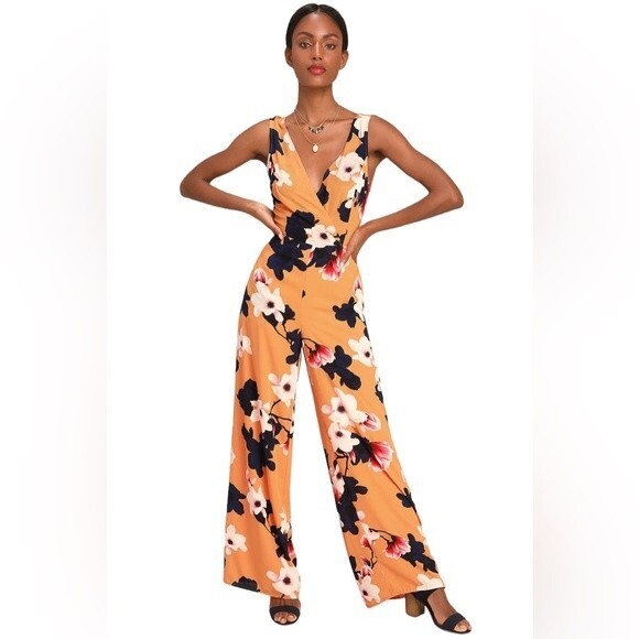 Lulus Pants - Lulus Heart Abloom Orange Floral Print Tie-Back Wide-Leg Sleeveless Jumpsuit XS